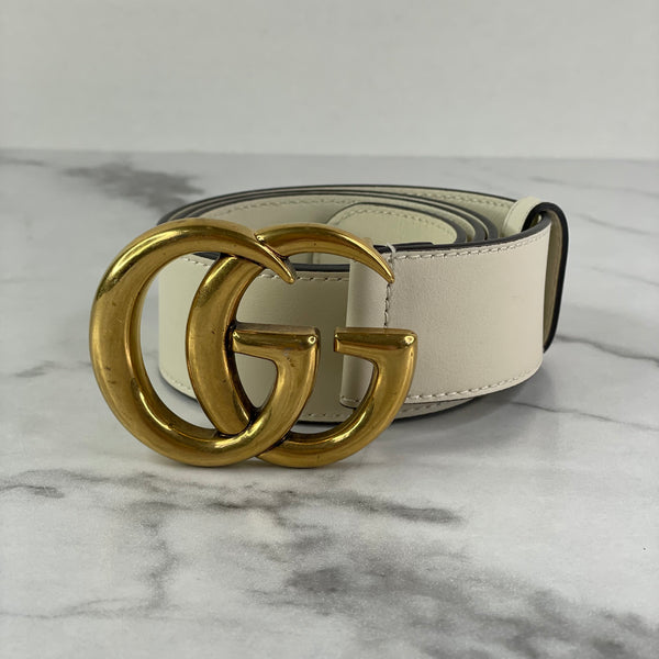 GUCCI Mystic White Calfskin GG MARMONT Belt Size 85/34