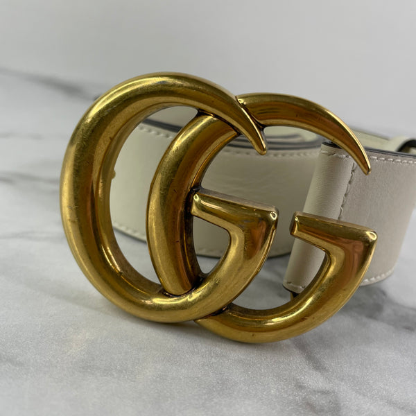 GUCCI Mystic White Calfskin GG MARMONT Belt Size 85/34