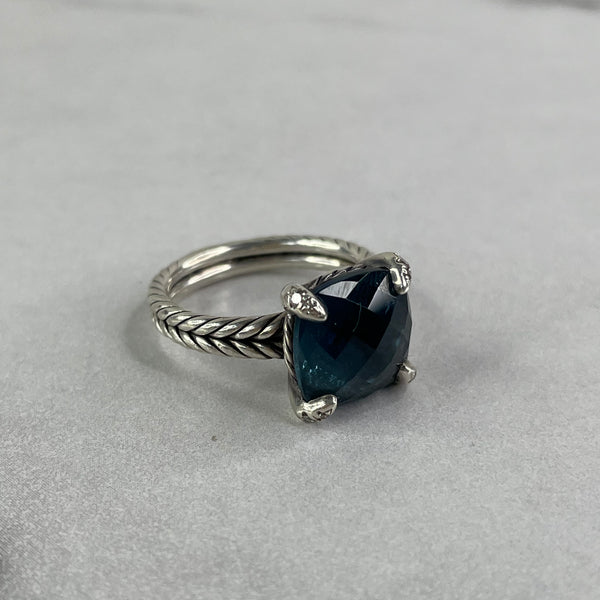 David Yurman Chatelaine® Ring Sterling Silver with Hampton Blue Topaz and Diamonds Size 6.5