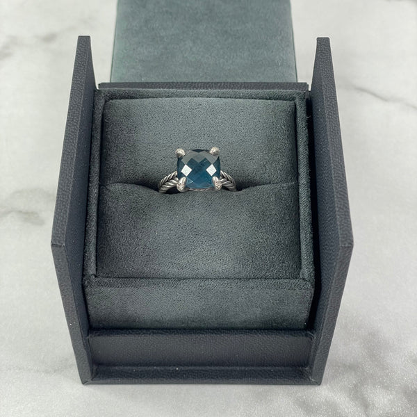 David Yurman Chatelaine® Ring Sterling Silver with Hampton Blue Topaz and Diamonds Size 6.5