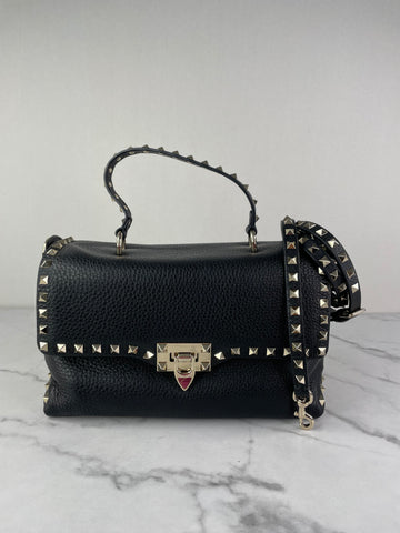 Valentino Black Grained Front Flap Rockstud Top Handle Crossbody/Shoulder Bag