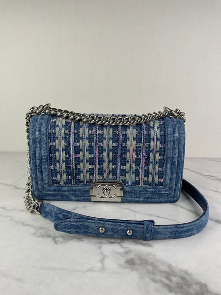 CHANEL Blue Denim and Woven Tweed Medium Boy Bag
