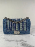 CHANEL Blue Denim and Woven Tweed Medium Boy Bag