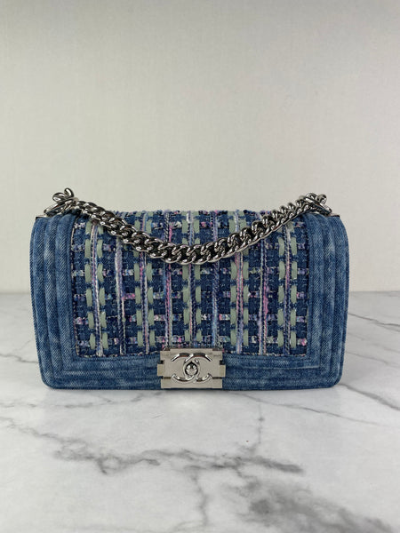 CHANEL Blue Denim and Woven Tweed Medium Boy Bag