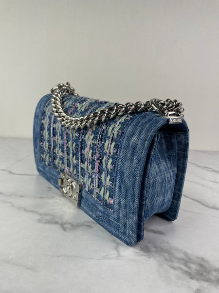 CHANEL Blue Denim and Woven Tweed Medium Boy Bag