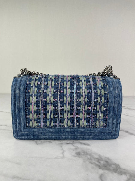 CHANEL Blue Denim and Woven Tweed Medium Boy Bag