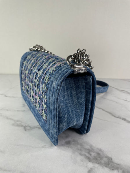 CHANEL Blue Denim and Woven Tweed Medium Boy Bag