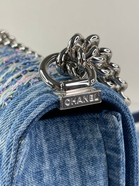 CHANEL Blue Denim and Woven Tweed Medium Boy Bag