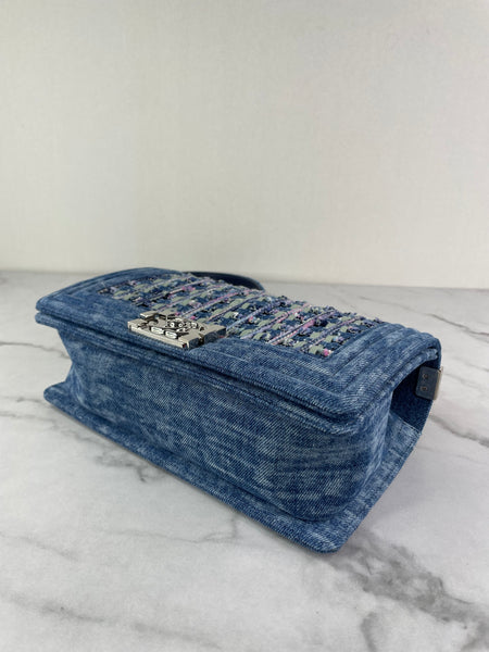 CHANEL Blue Denim and Woven Tweed Medium Boy Bag