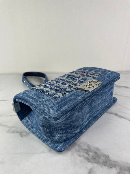 CHANEL Blue Denim and Woven Tweed Medium Boy Bag