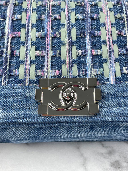 CHANEL Blue Denim and Woven Tweed Medium Boy Bag