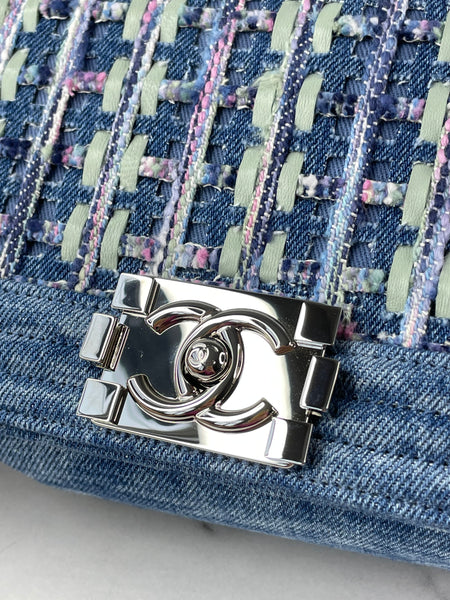 CHANEL Blue Denim and Woven Tweed Medium Boy Bag