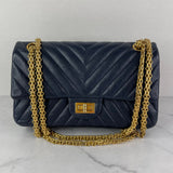 CHANEL Navy Blue Chevron Quilted 2.55 Reissue 225 Flap Crossbody/Shoulder Bag