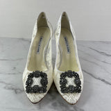 Manolo Blahnik HANGISI LACE Light Cream Lace Jewel Buckle Pumps Size 39.5