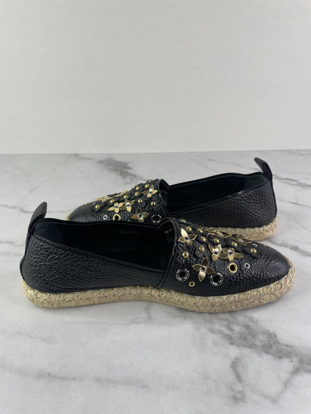 Louis Vuitton Black Leather Tropical Bloom Espadrille Flats Size 35.5