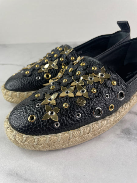 Louis Vuitton Black Leather Tropical Bloom Espadrille Flats Size 35.5