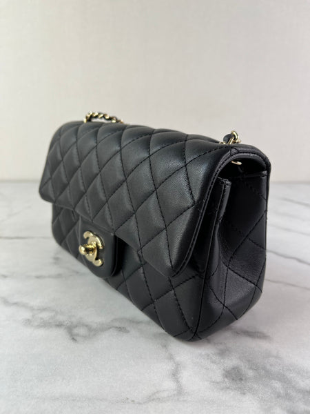 CHANEL Black Lambskin Quilted Mini Rectangular Pearl Crush Flap Crossbody/Shoulder Bag