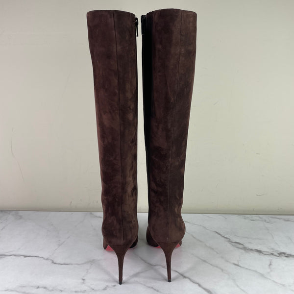 CHRISTIAN LOUBOUTIN Expresso Brown Suede “Kate Botta 85” knee-high boots Size 38.5