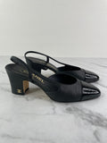CHANEL Black Textured Calfskin Glazed Goatskin Cap Toe CC Slingback Pumps Size 36