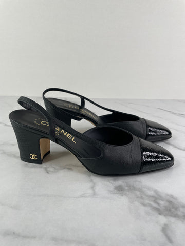 CHANEL Black Textured Calfskin Glazed Goatskin Cap Toe CC Slingback Pumps Size 36