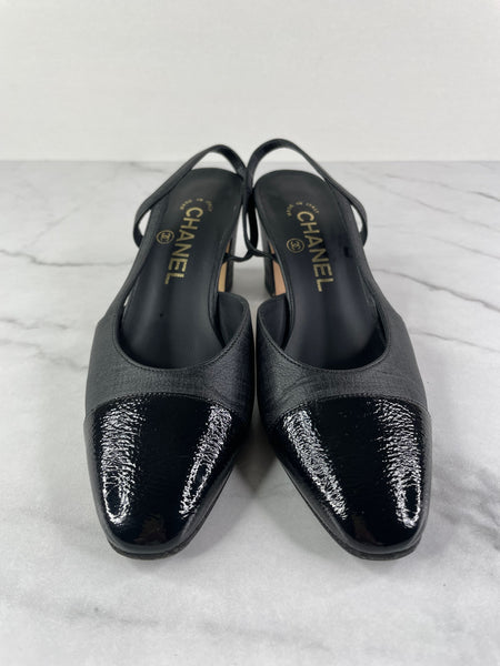 CHANEL Black Textured Calfskin Glazed Goatskin Cap Toe CC Slingback Pumps Size 36
