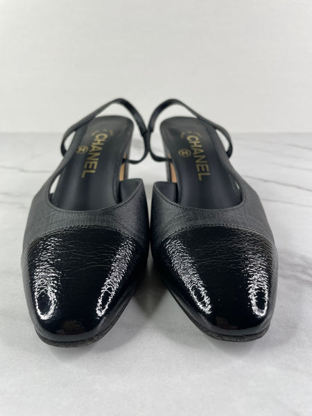 CHANEL Black Textured Calfskin Glazed Goatskin Cap Toe CC Slingback Pumps Size 36