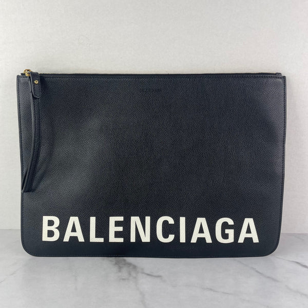 Balenciaga Black/White Calfskin Logo Large Zip Pouch/Clutch