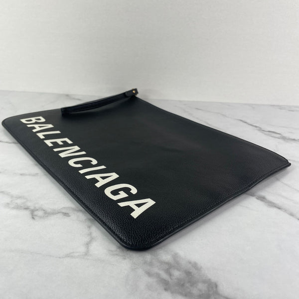 Balenciaga Black/White Calfskin Logo Large Zip Pouch/Clutch