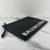 Balenciaga Black/White Calfskin Logo Large Zip Pouch/Clutch