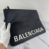 Balenciaga Black/White Calfskin Logo Large Zip Pouch/Clutch