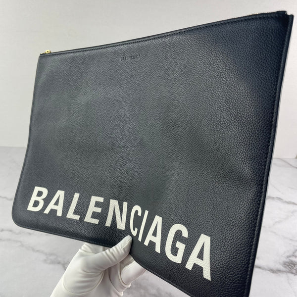 Balenciaga Black/White Calfskin Logo Large Zip Pouch/Clutch