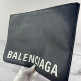 Balenciaga Black/White Calfskin Logo Large Zip Pouch/Clutch