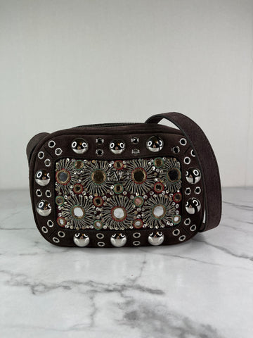 VALENTINO Brown Suede Nellcôte Embellished Camera Crossbody/Shoulder Bag