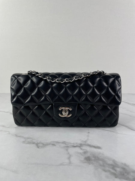 CHANEL Black Lambskin Quilted East West Flap Shoulder Bag