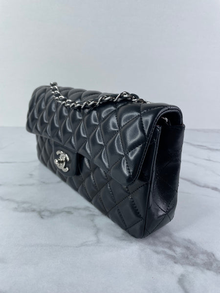 CHANEL Black Lambskin Quilted East West Flap Shoulder Bag