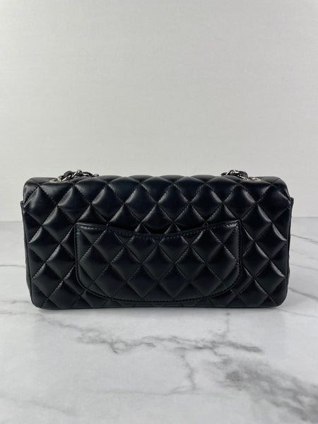 CHANEL Black Lambskin Quilted East West Flap Shoulder Bag