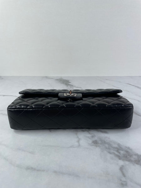 CHANEL Black Lambskin Quilted East West Flap Shoulder Bag