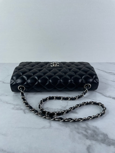 CHANEL Black Lambskin Quilted East West Flap Shoulder Bag