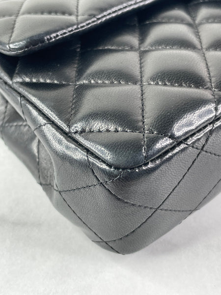 CHANEL Black Lambskin Quilted East West Flap Shoulder Bag