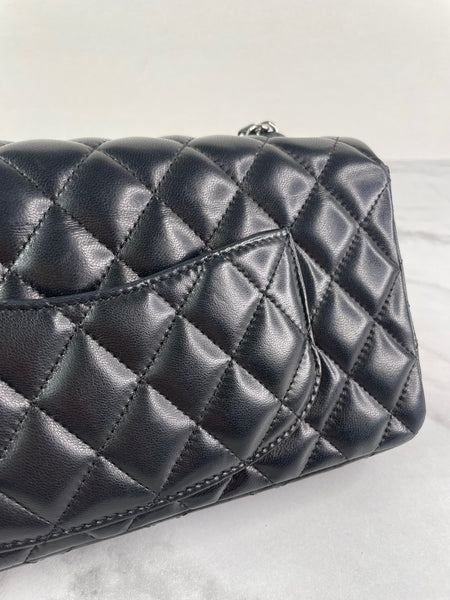 CHANEL Black Lambskin Quilted East West Flap Shoulder Bag
