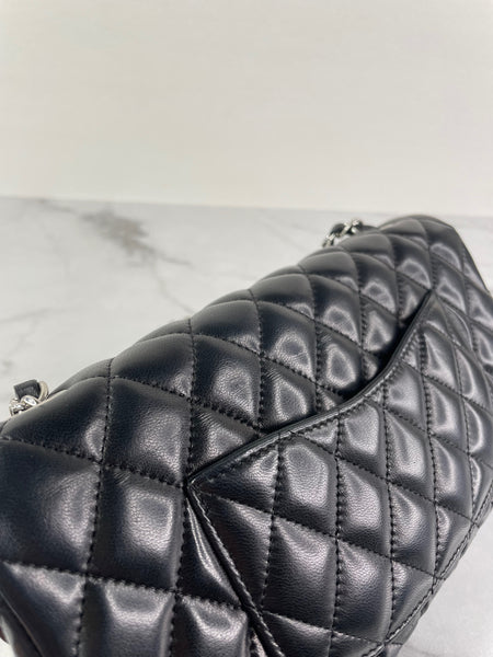 CHANEL Black Lambskin Quilted East West Flap Shoulder Bag