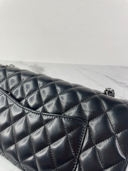 CHANEL Black Lambskin Quilted East West Flap Shoulder Bag