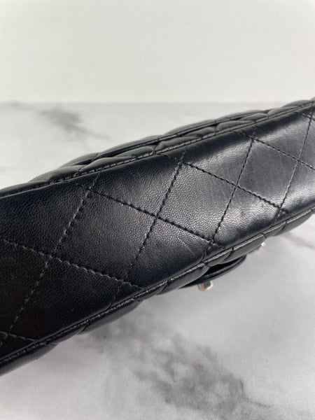 CHANEL Black Lambskin Quilted East West Flap Shoulder Bag