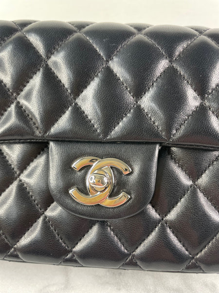 CHANEL Black Lambskin Quilted East West Flap Shoulder Bag