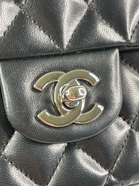 CHANEL Black Lambskin Quilted East West Flap Shoulder Bag