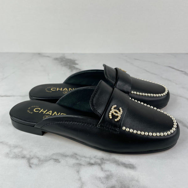 CHANEL Black Lambskin Pearl CC Mules Size 36