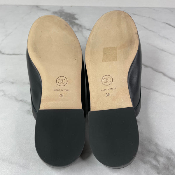 CHANEL Black Lambskin Pearl CC Mules Size 36