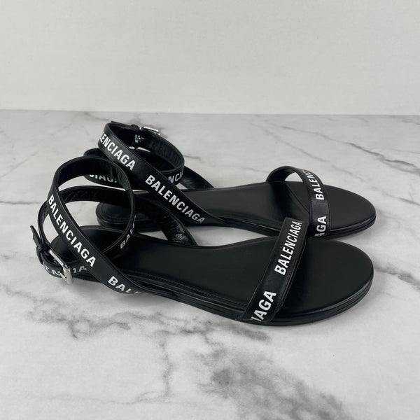 BALENCIAGA Black/White Logo Flat Sandals Size 36