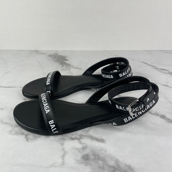 BALENCIAGA Black/White Logo Flat Sandals Size 36