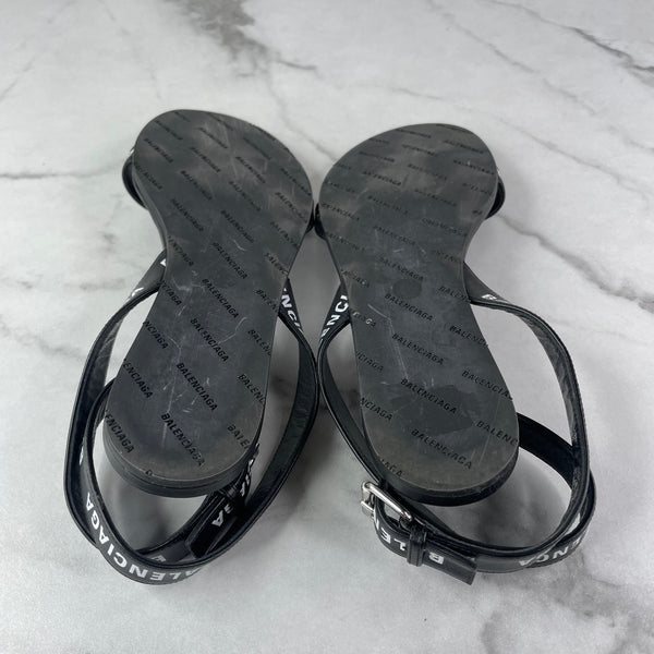 BALENCIAGA Black/White Logo Flat Sandals Size 36